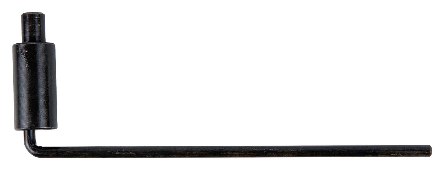 A black L-shaped Allen key. The shorter end is cylindrically thickened. It is lying on a white background.