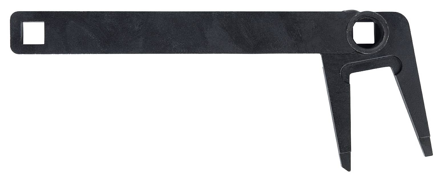 Black specialist key with two ends, one with a square opening, the other with two prongs for specific mechanical applications.