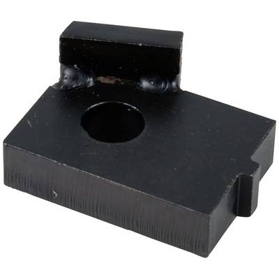 A rectangular metal piece with a round recess in the centre and a small strut on one side.