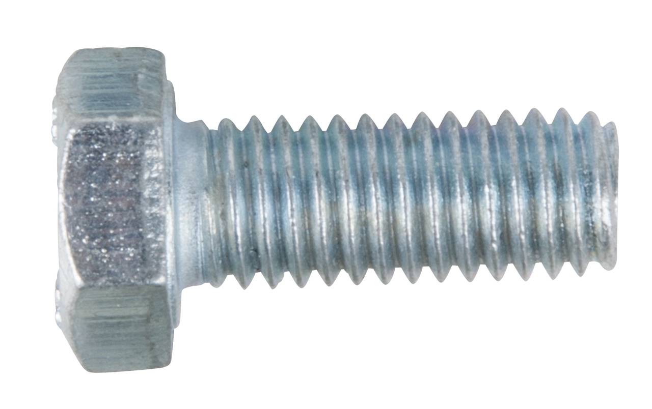 Metal screw with a hexagonal head, silver-coloured with a blue sheen.