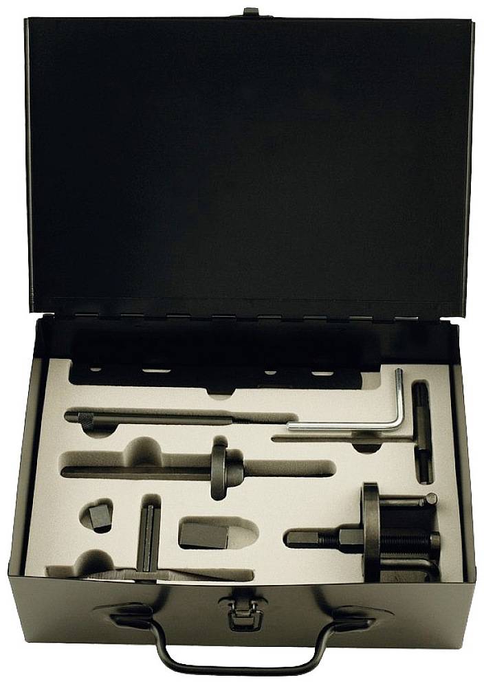 'Tool case with various tools, including a spanner and specialist tools, in a moulded insert.'