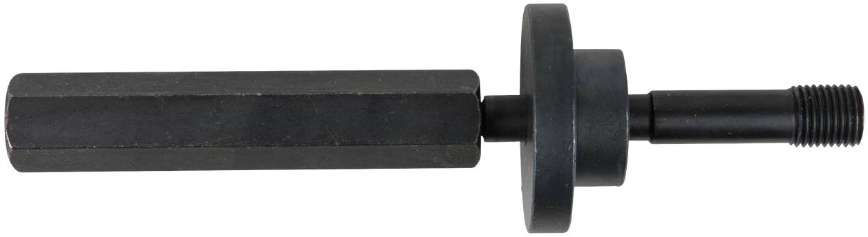 A black metal adapter with a hexagonal shaft and circular connection piece. Used for machinery or tool attachment.