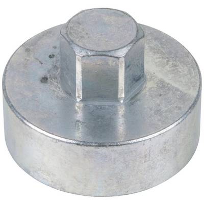 Metal bolt with hexagonal head viewed from above, slightly worn and shiny.