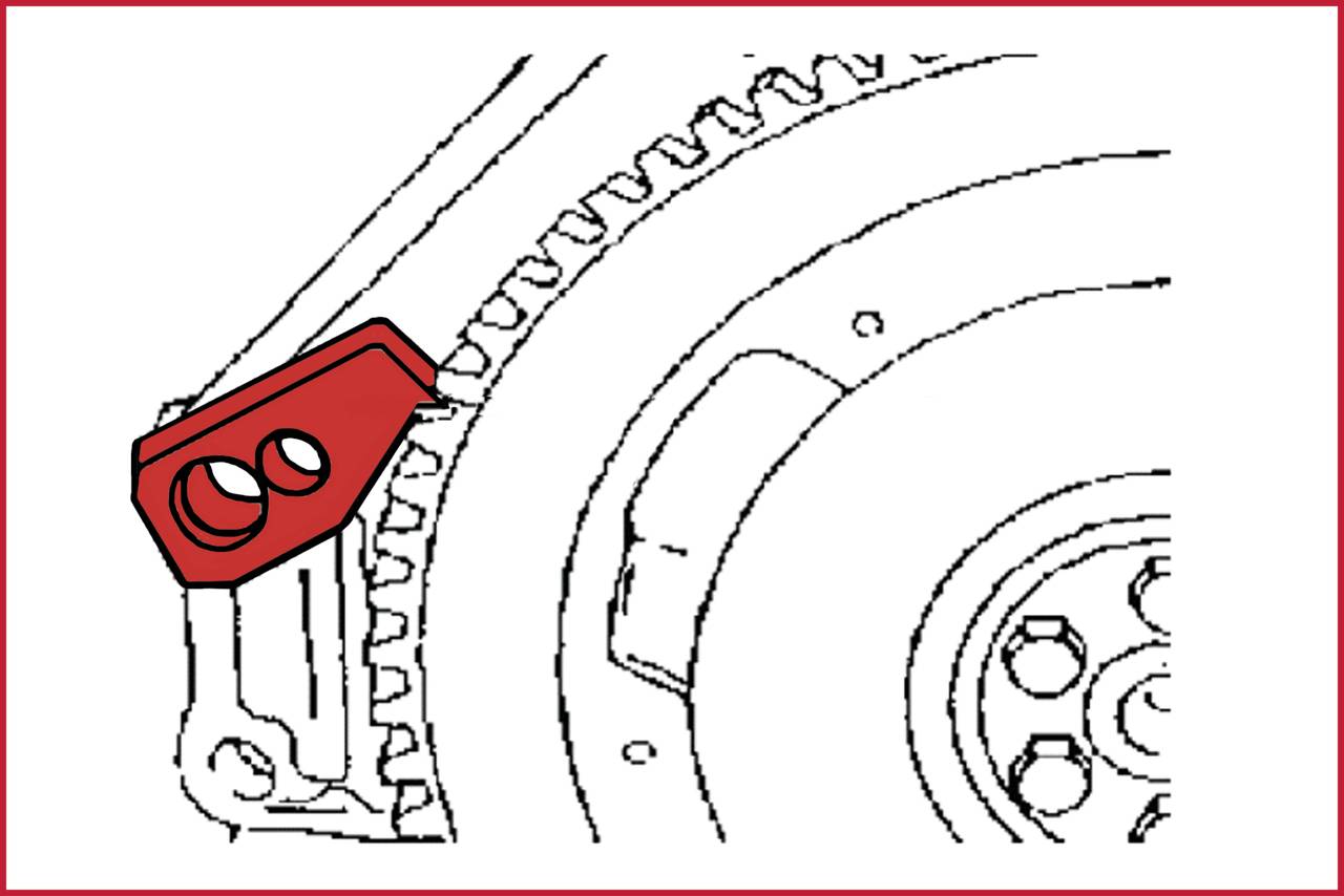 A technical drawing shows a red-marked gear wheel and a mechanism engaging with a larger gear wheel.