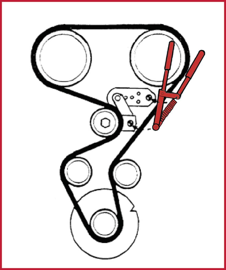 Diagram of an engine belt arrangement with a red pliers tool releasing a V-belt. Main pulleys and tensioner pulleys are identifiable.