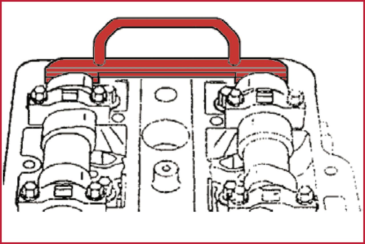 Technical drawing of a valve cover lifter mounted on a camshaft at an engine block.