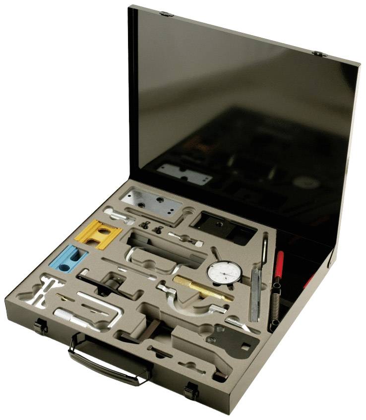 Toolbox with various precision tools and measuring instruments, including a dial gauge, screwdrivers and pliers.