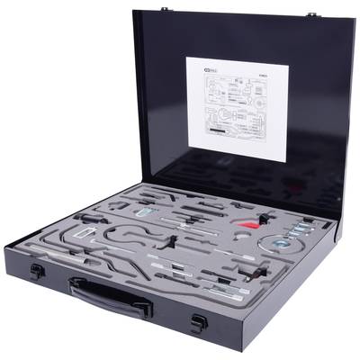 A black tool case with an open lid displays various neatly arranged tools in precision-cut foam inserts.