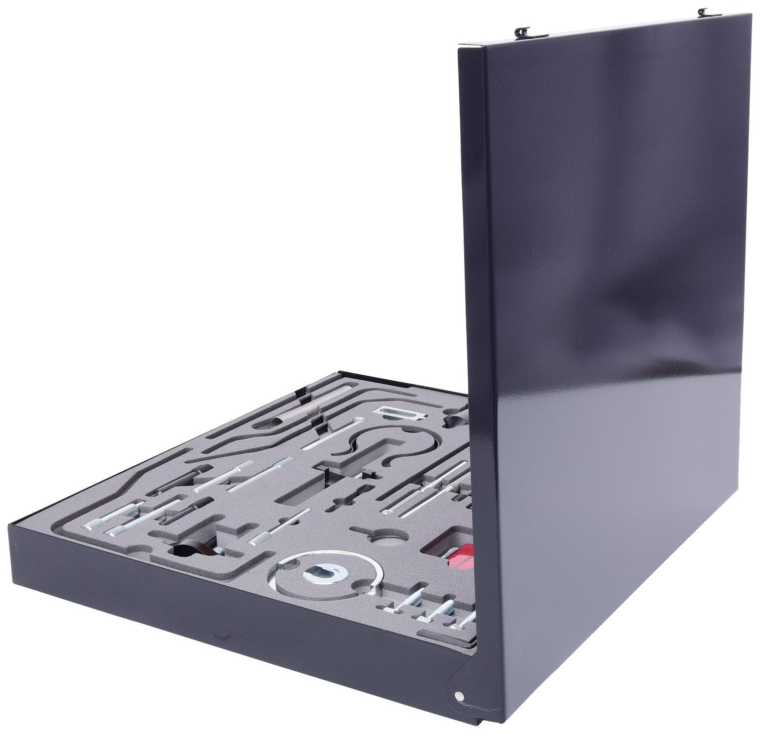 An opened metal toolbox with precisely fitted tools in custom-moulded compartments.