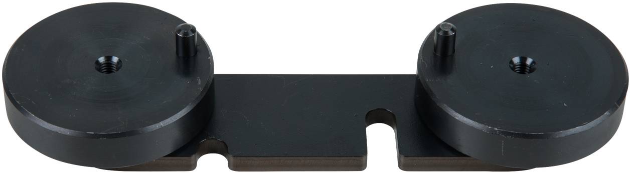 A black metal component with two round discs and a central bolt, presumably a mounting system, against a white background.