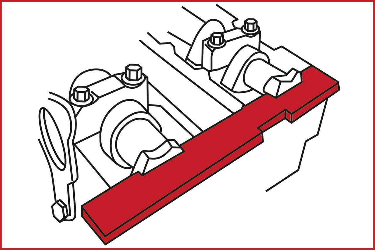 Illustration of a mechanical component with a highlighted red area. Shows screws, bolts, and a connecting component.