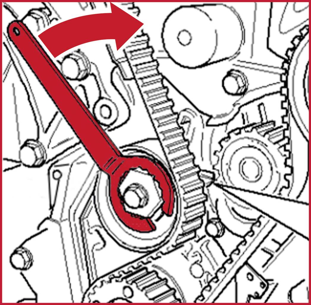 The image shows a diagram of an engine with a timing belt. A red spanner indicates the direction in which the belt should be rotated.