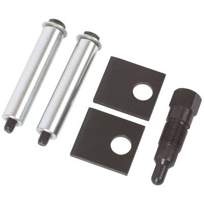 Two cylindrical metal pins and two square metal plates with holes, next to a black, knurled bolt.