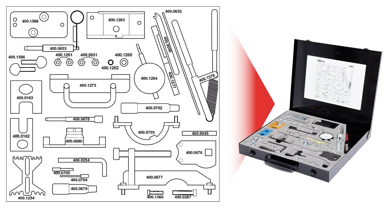 Toolbox with various measuring instruments, drawing shows precise placement.