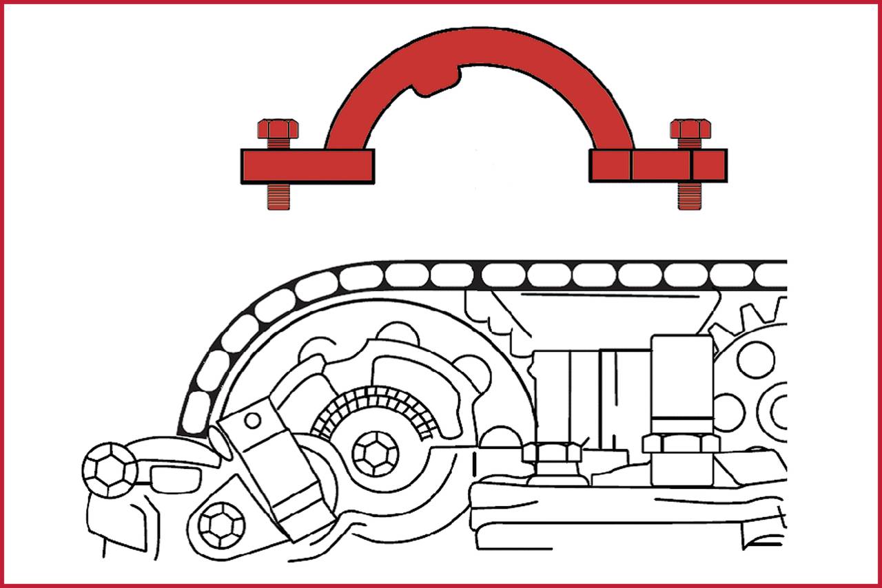Cross-section of a machine with a red mounting bracket at the top. Shows internal gears and mechanisms.