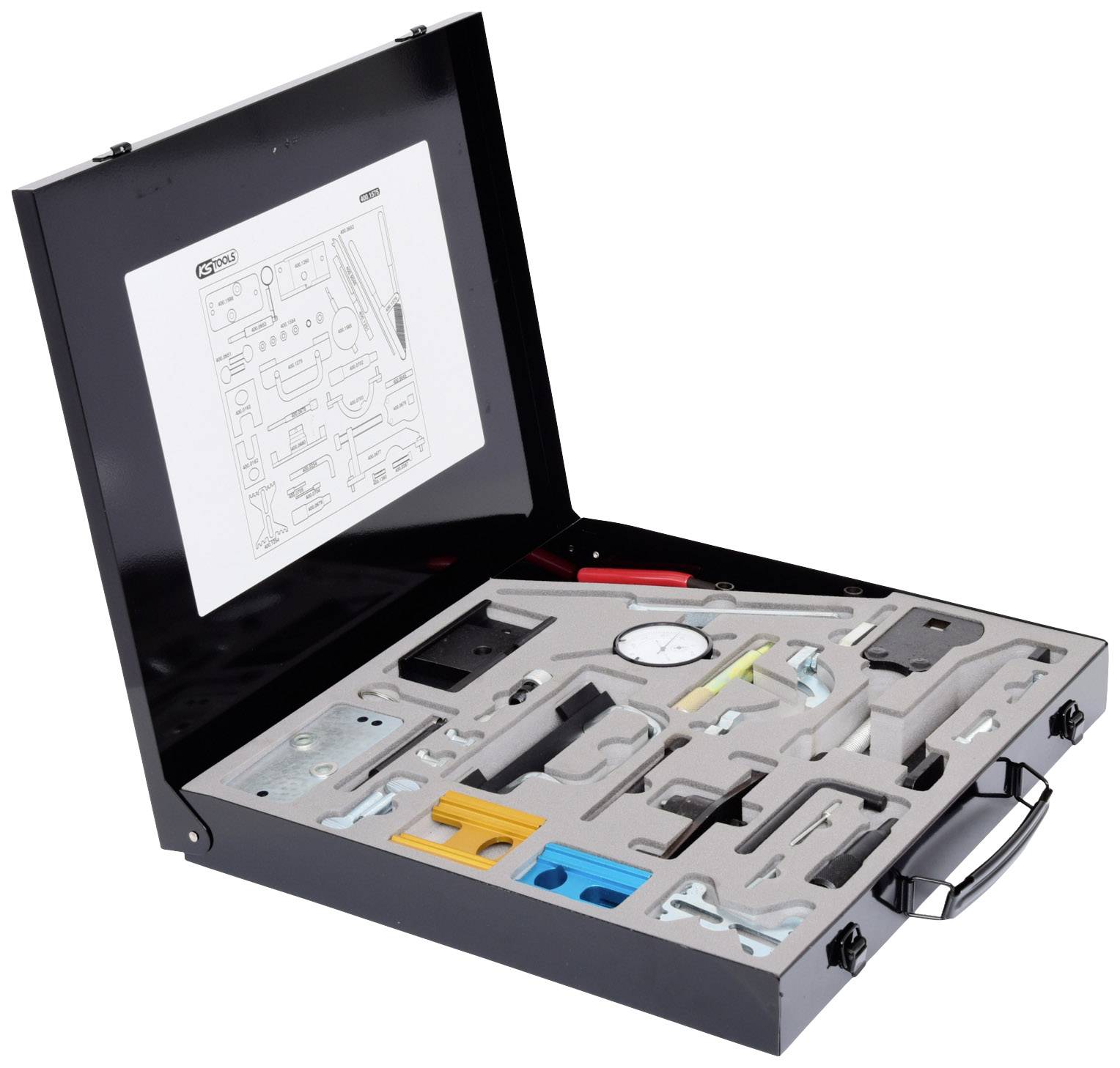 An open toolbox with a custom-made foam insert that securely holds various tools and precision instruments.