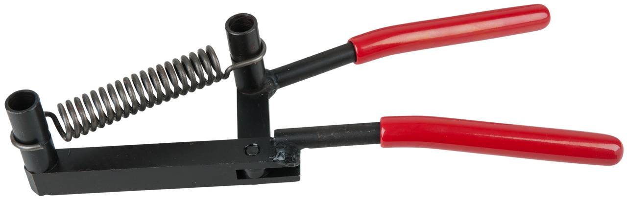 A black tool with red handles that tensions a spring between two rods. Typical use in metalworking.