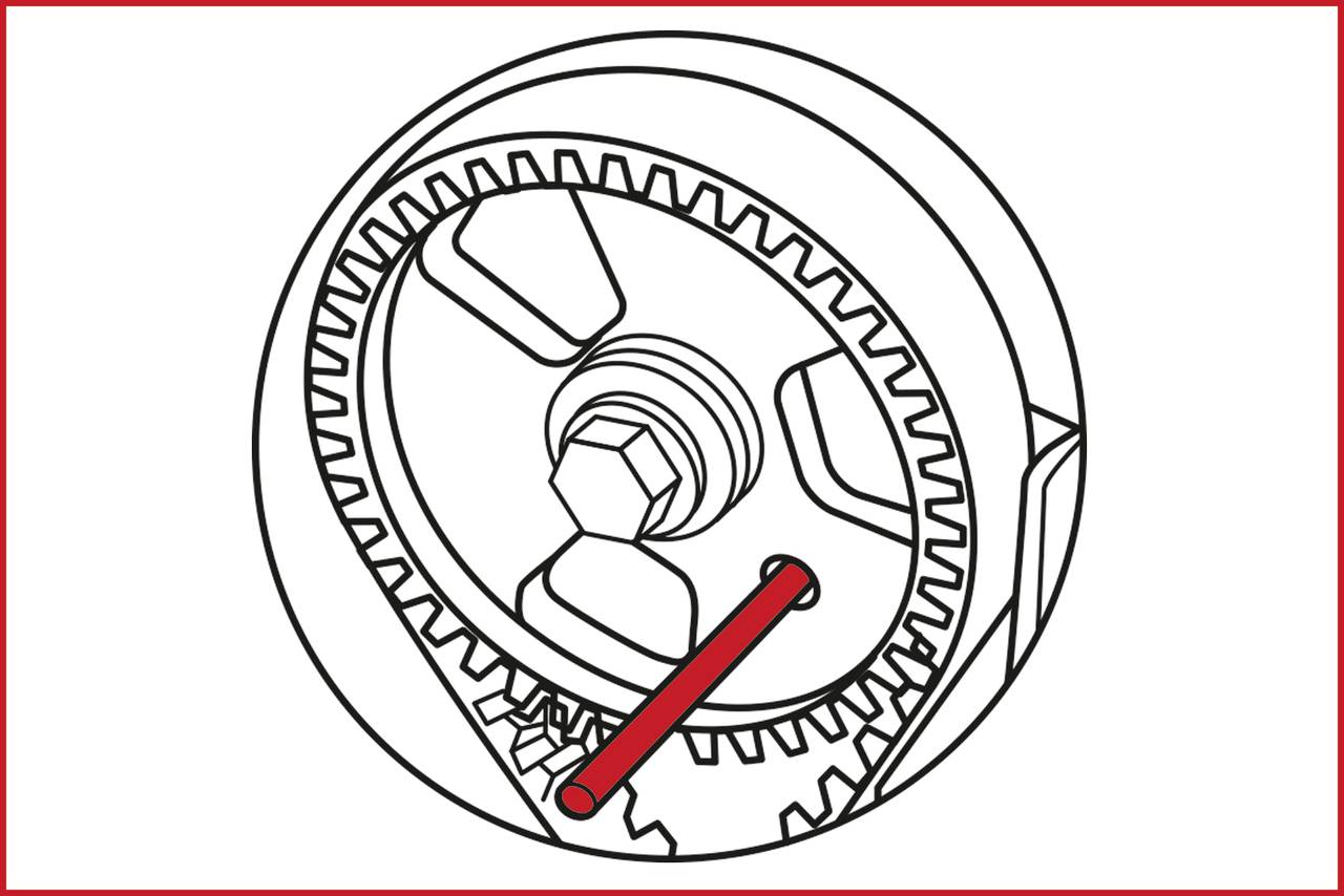 A technical drawing shows a worm gear with a cogwheel and a red lever engaging with the transmission mechanism.