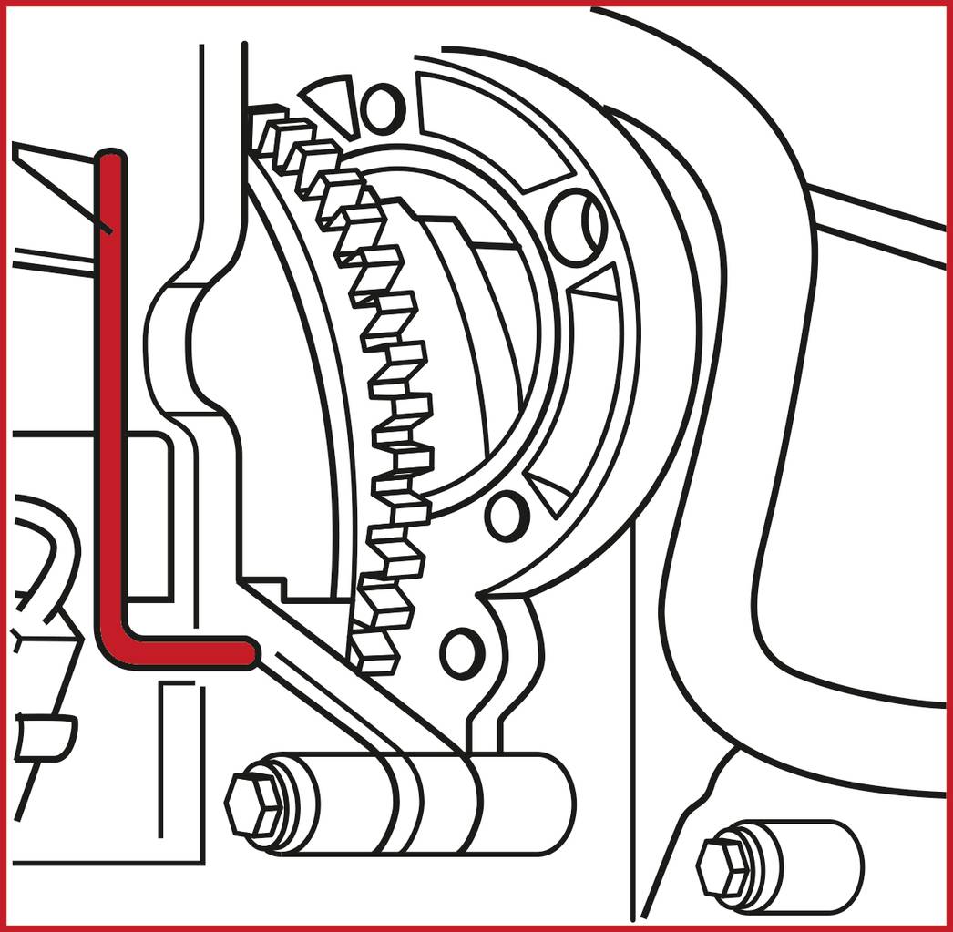 'Diagram of a cogwheel in an engine with a red L-shaped tool for adjustment, showing technical details and mechanics.'