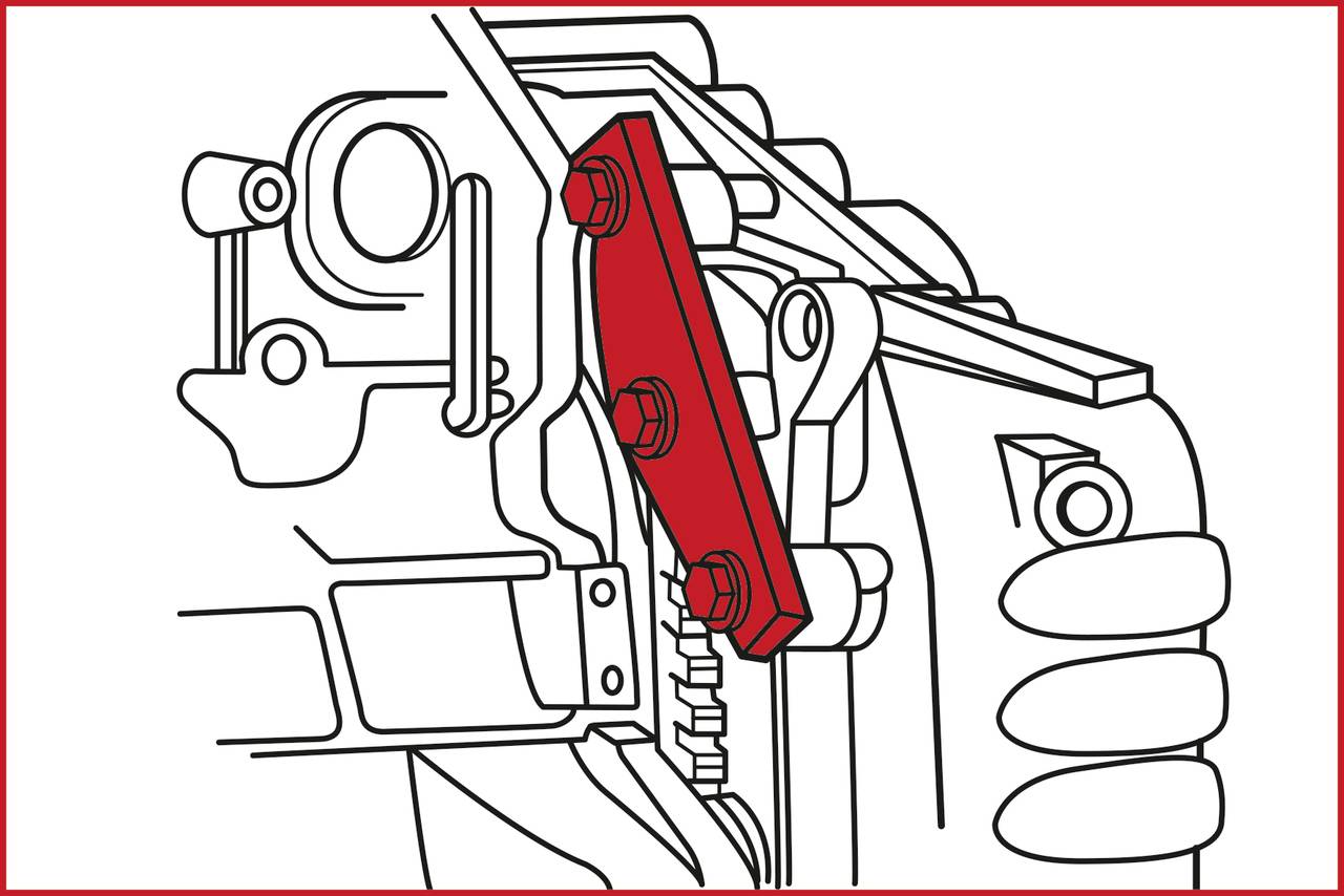 Technical drawing of an engine with a red lever highlighting three screws. The lever is prominently featured centrally in the illustration.