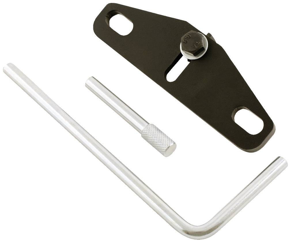 Metal angle and two spanners; an Allen key and a cylindrical pin. Used for assembly or repair work.