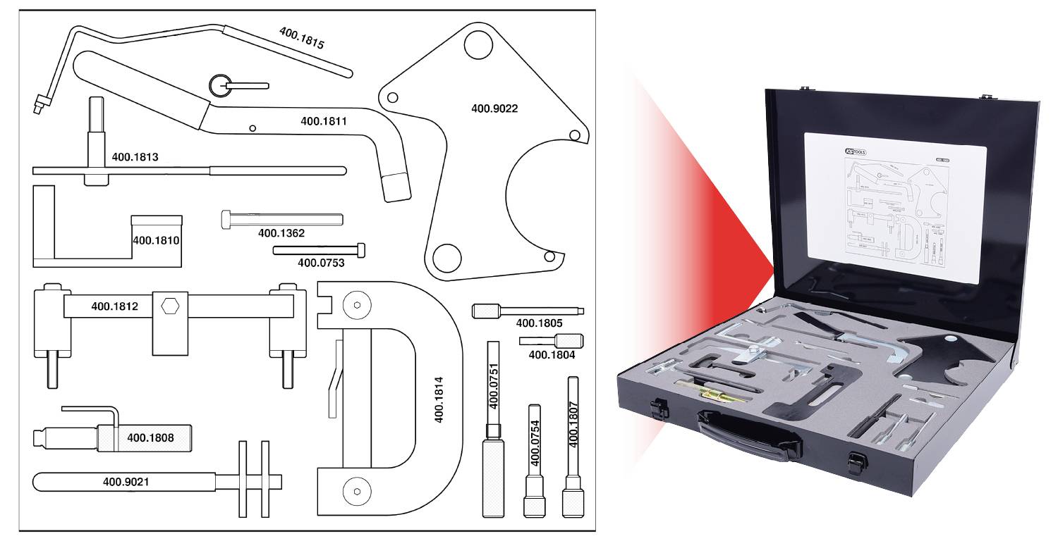 Tool case with an open view. On the left, a sketch of the contained tools with part numbers, on the right the organised set in the case.