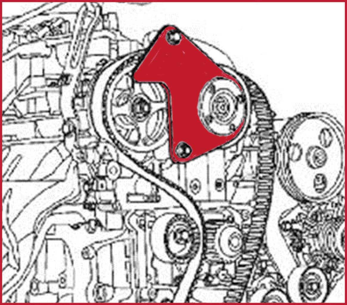 A schematic of an engine with a red part highlighted on a belt, illustrating the engine structure and components.