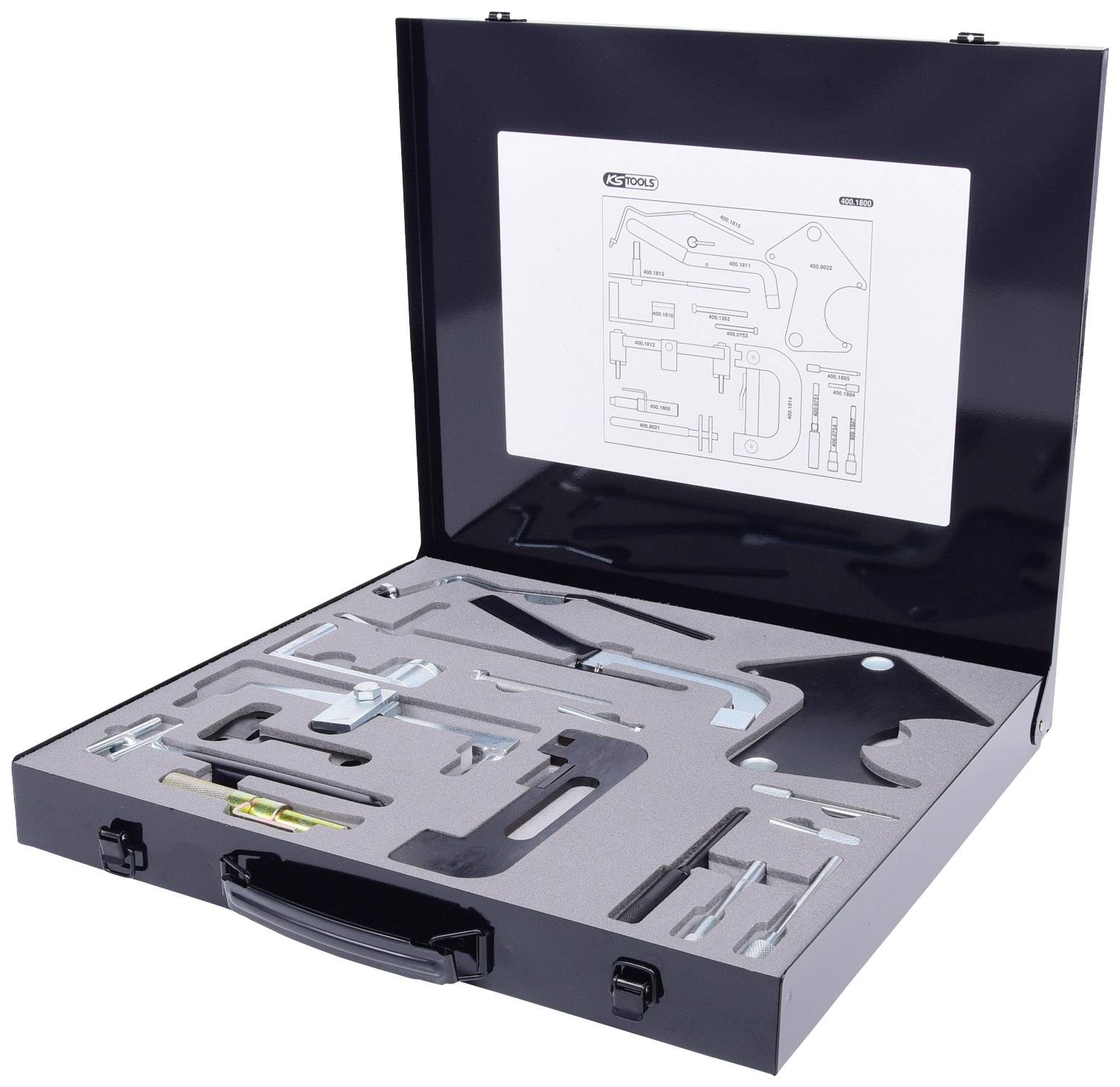 Open tool case with various hand tools, including hammer, screwdriver and pliers, on a foam insert.