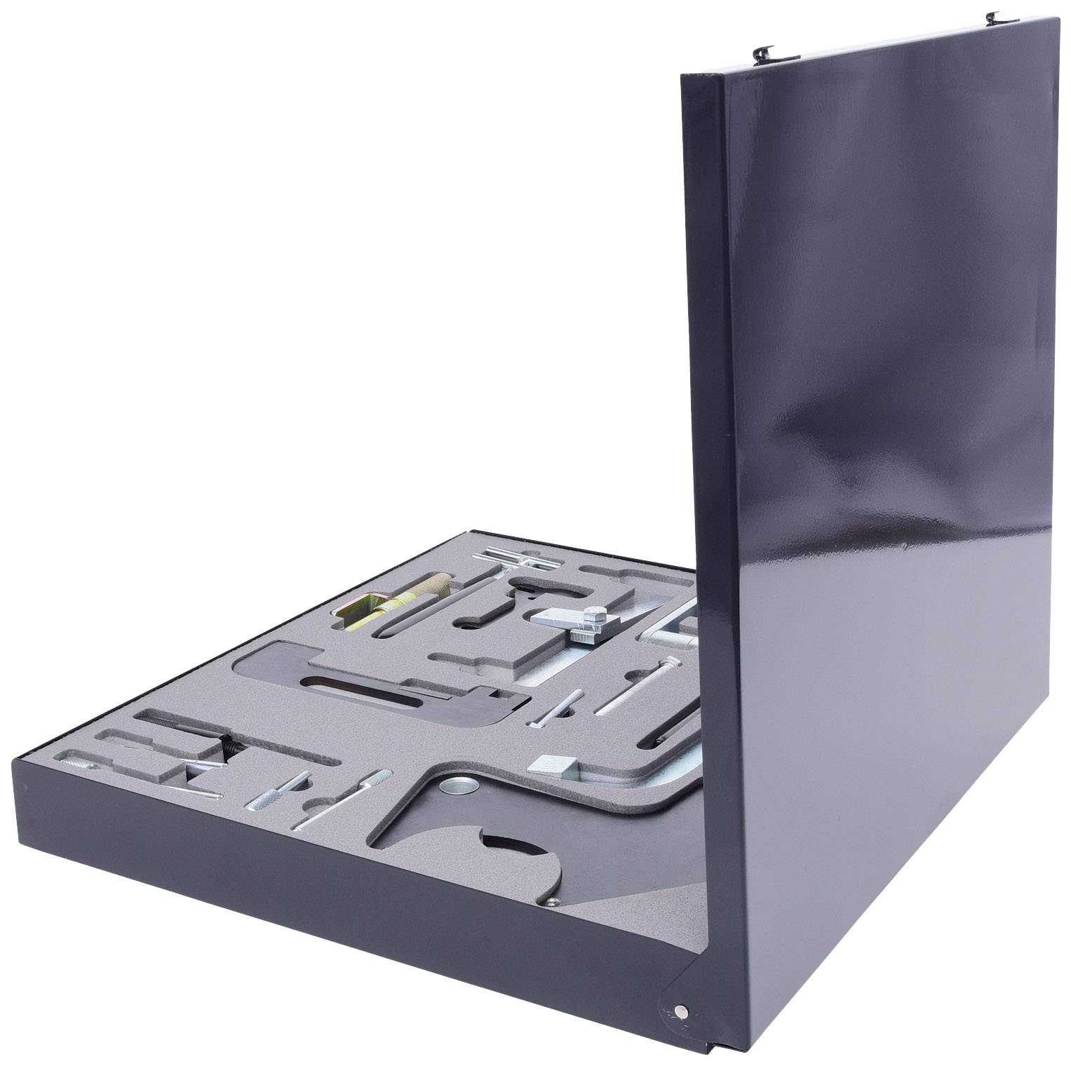 Toolbox with an open, black cover, displaying various neatly arranged tools in a foam insert.