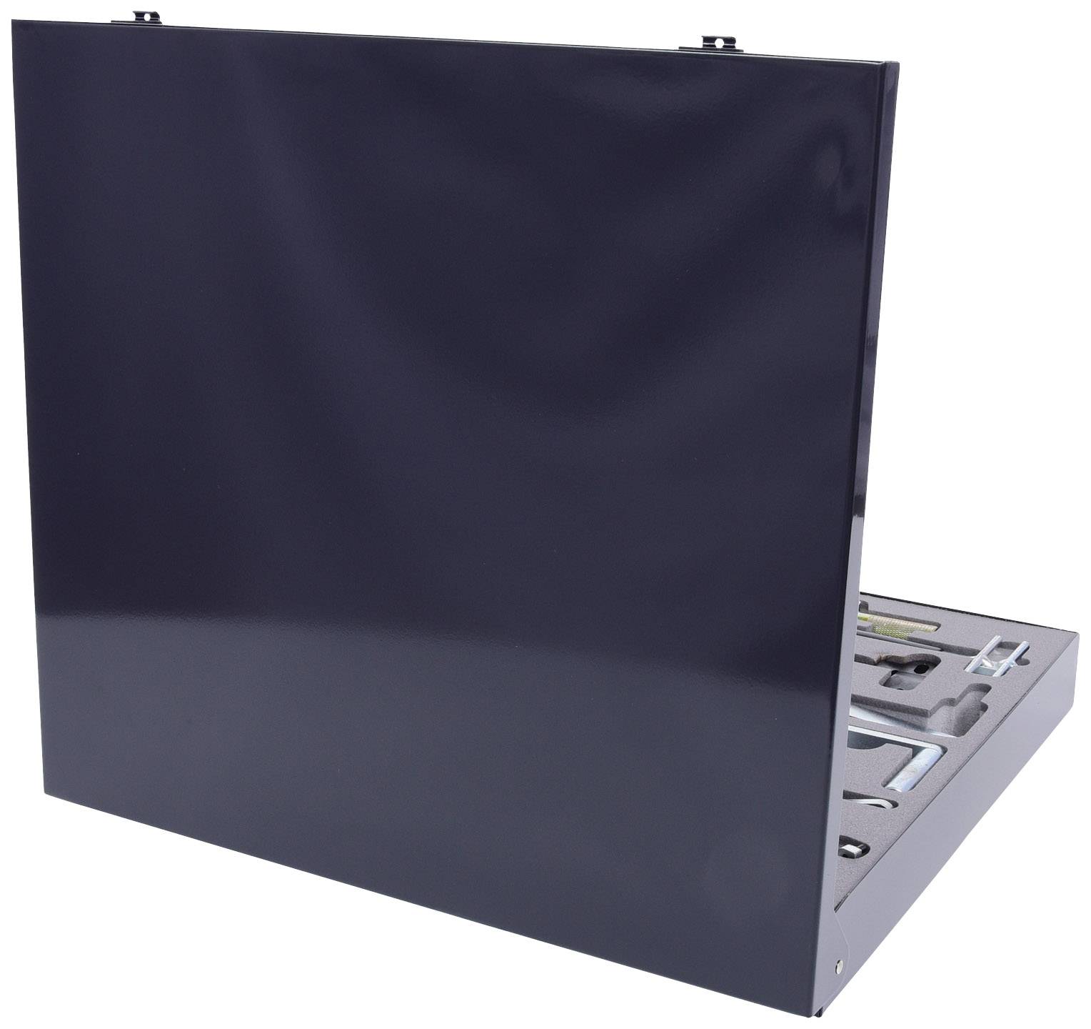 A closed black metal toolbox, slightly ajar, reveals suggested tools inside.