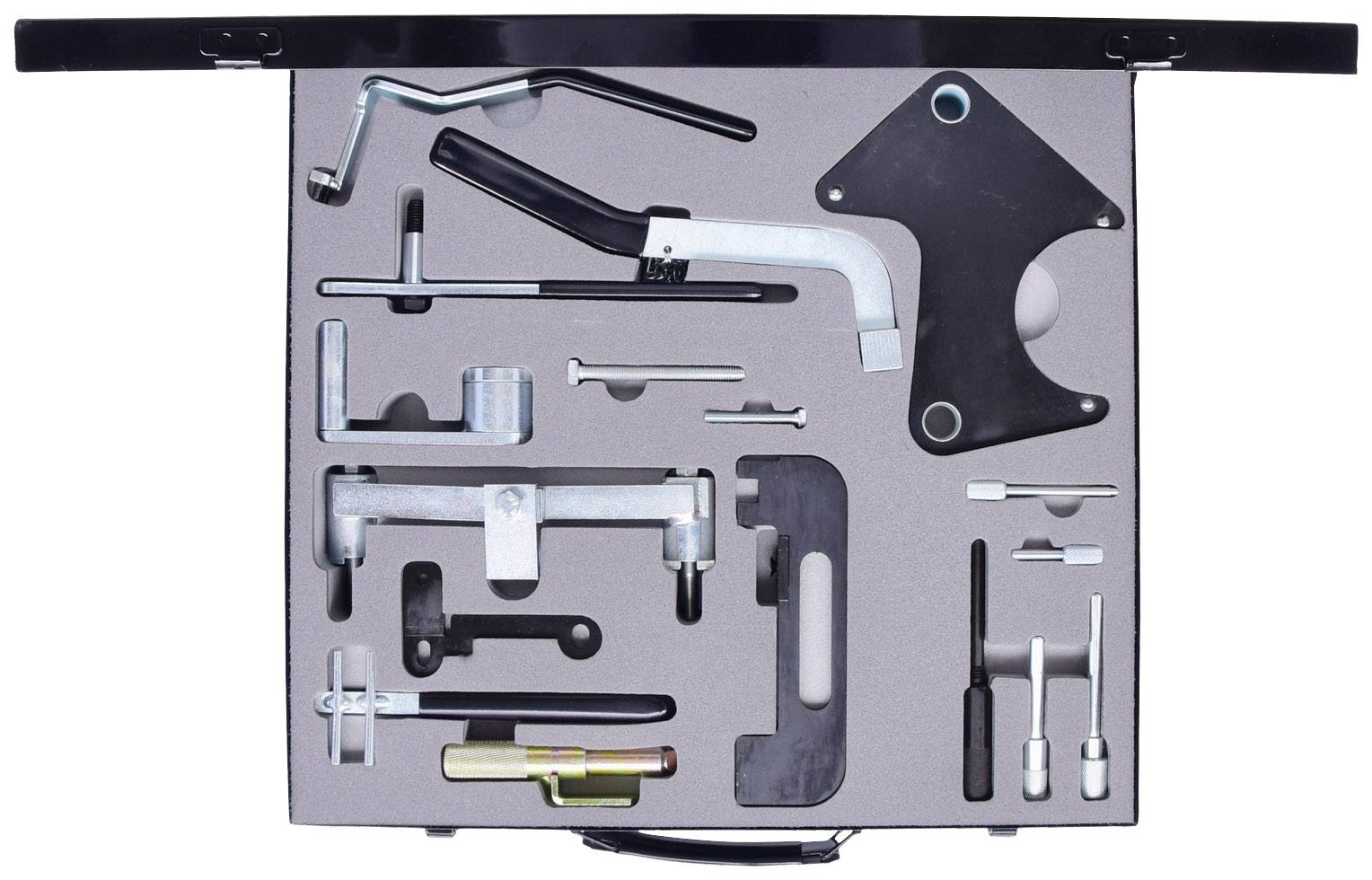 Toolbox containing various metal tools and holders, specialised for specific assembly or repair tasks.