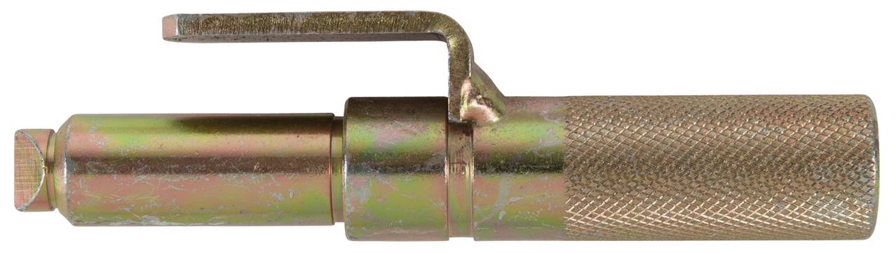 A cylindrical tool with a knurled handle and a flat end piece. It has a curved lever on the top.