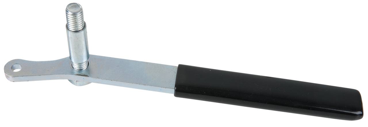 A silver metal rail with a black handle and a protruding threaded screw at one end.