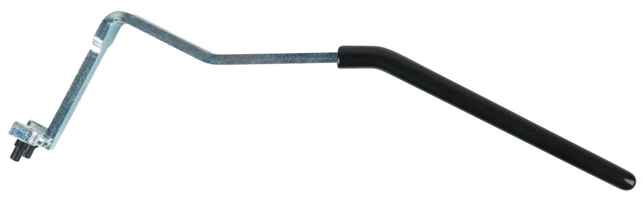Crank handle with metal arm and black grip. Used for operating a mechanical device or machine.