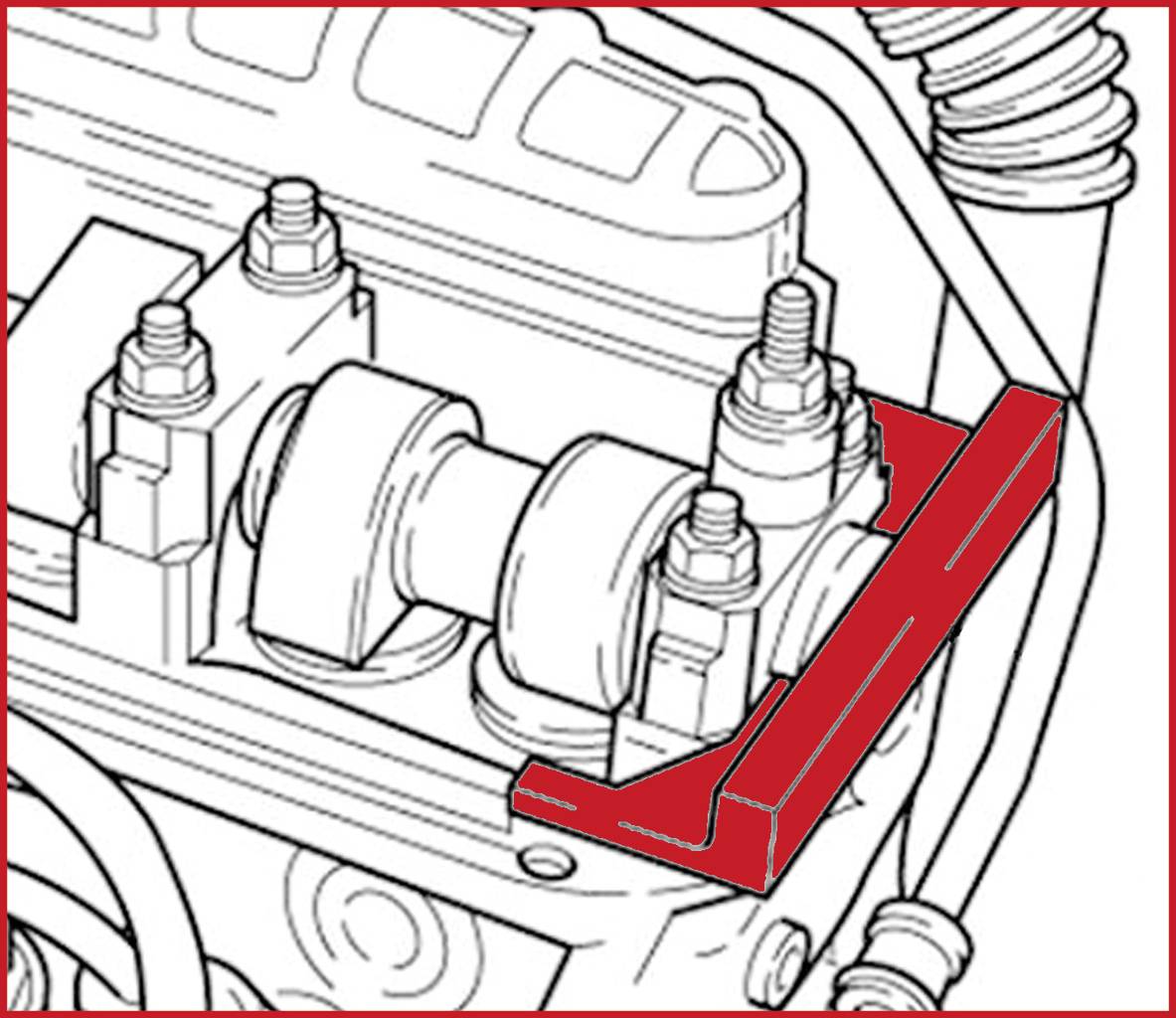Technical drawing of a motor component showing a camshaft holder. Details of the screws and structure are highlighted.