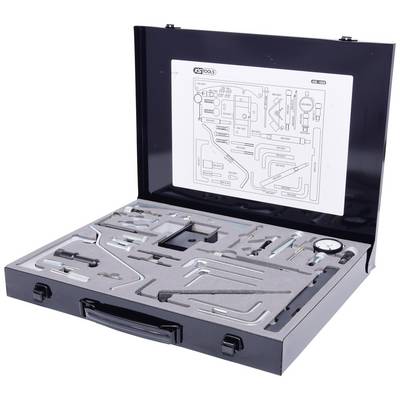 Opened toolbox with various precision mechanical tools, with a diagram of tool arrangement on the inner lid.