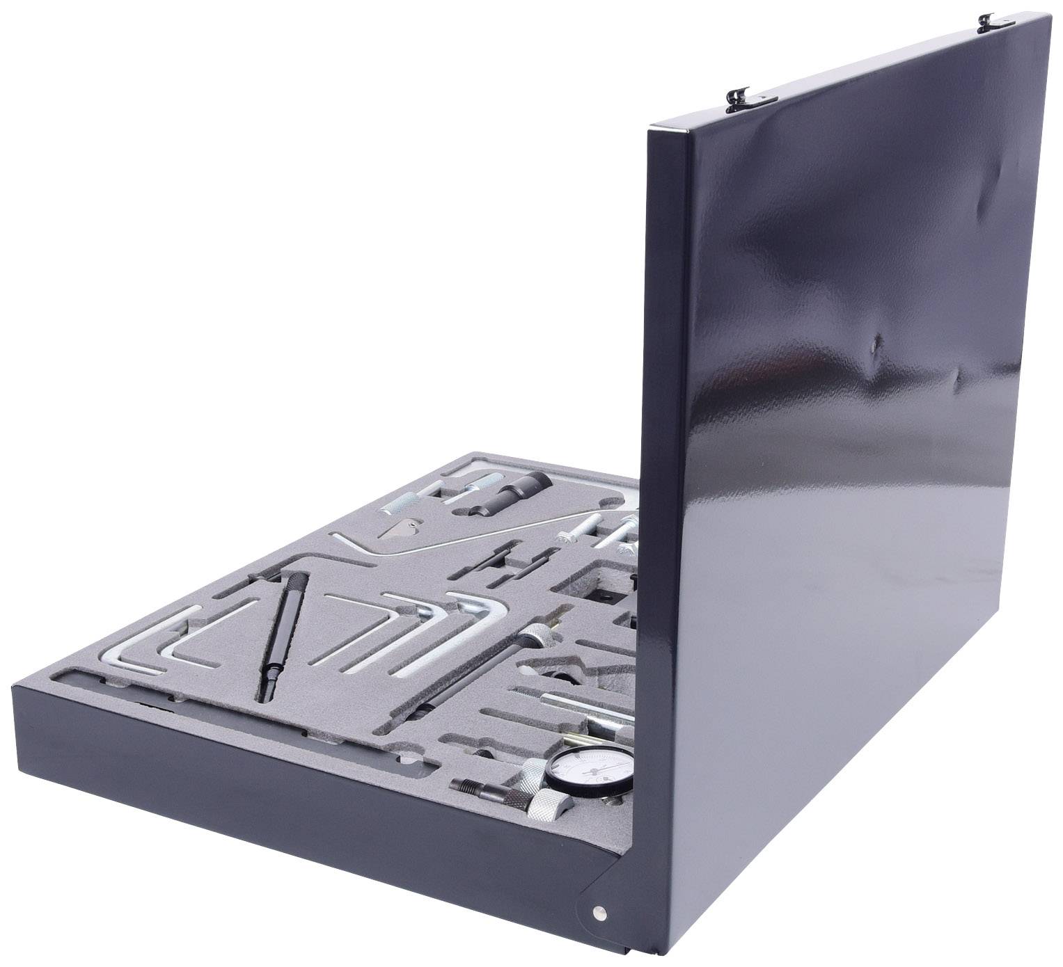 An open toolbox with various hand tools in a moulded insert, ready for use.