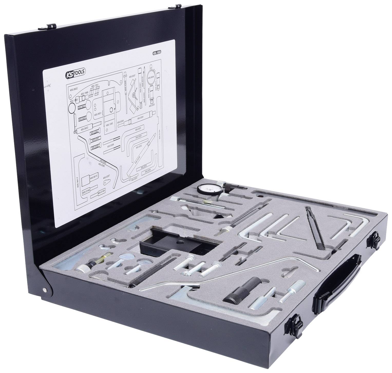 Opened toolbox with various precision tools and a paper with a circuit diagram drawn inside the lid.