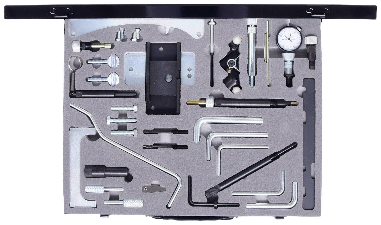 Toolset in a moulded holder with diverse tools, including spanners, measuring device and clamps, for mechanical engineering.