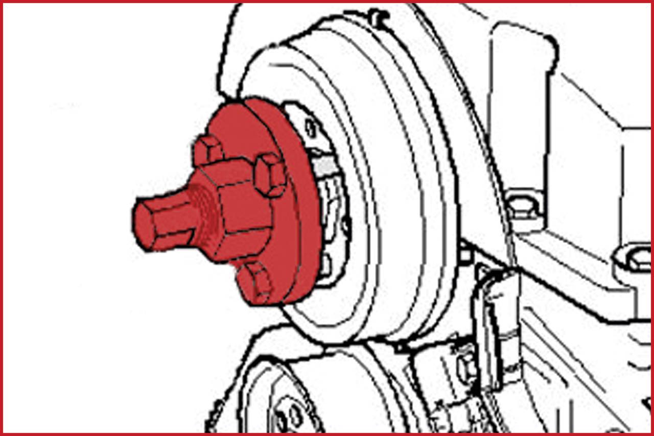 'Exploded diagram of an engine. A red component, likely a screw or hub, is highlighted and shown in close-up.'