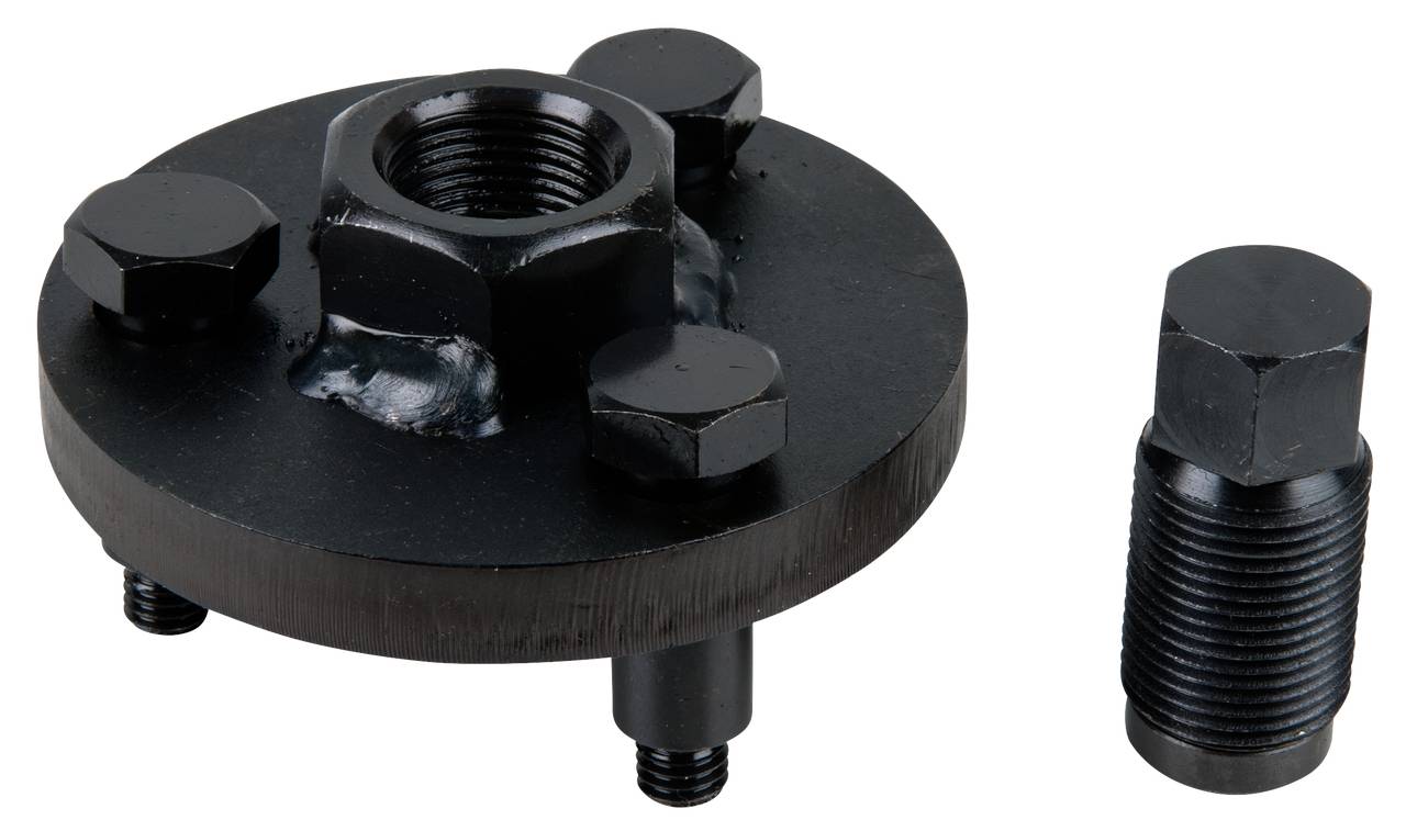 Round, black metal adapter with a screw hole in the centre and three side mountings. Beside it is a black bolt.