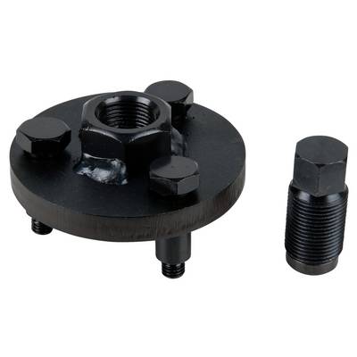 Round, black metal adapter with a screw hole in the centre and three side mountings. Beside it is a black bolt.