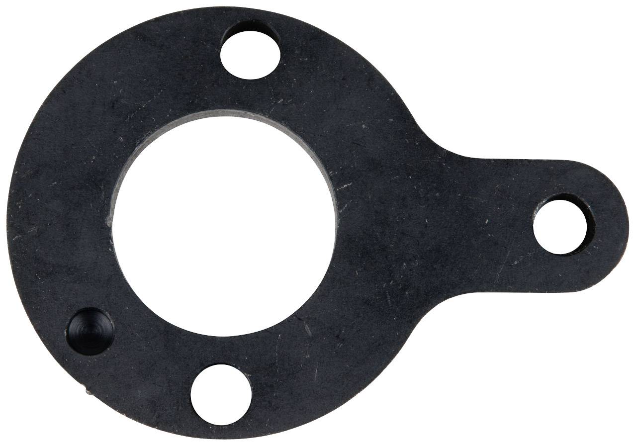 Metal disc with multiple holes of varying sizes, lying flat on a light grey background.