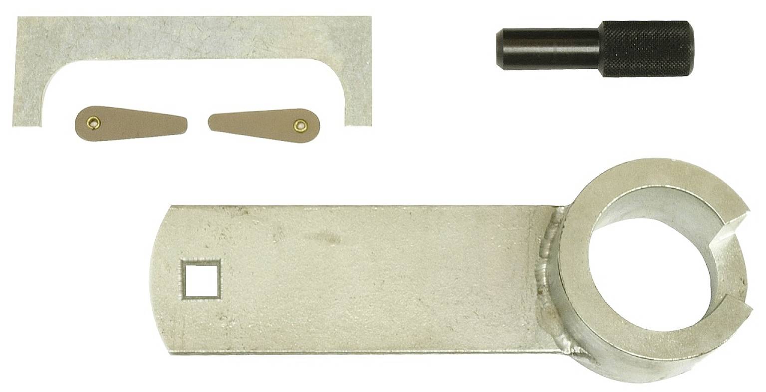 A set of metal tools: a large round bracket, two small levers, a flat hook and a cylindrical handle.
