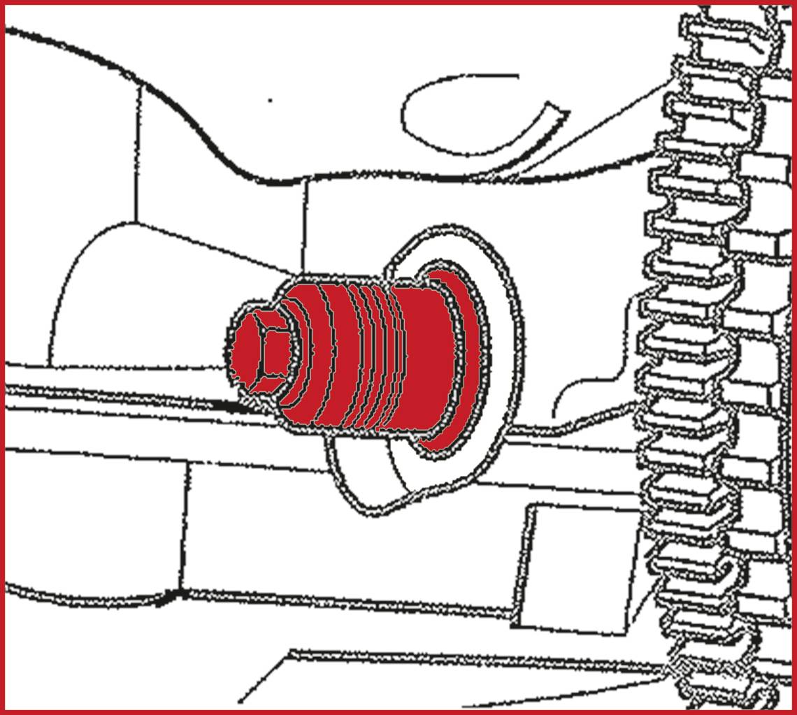 Technical drawing of a red screw in a mechanical system. On the left, gears are shown in profile.