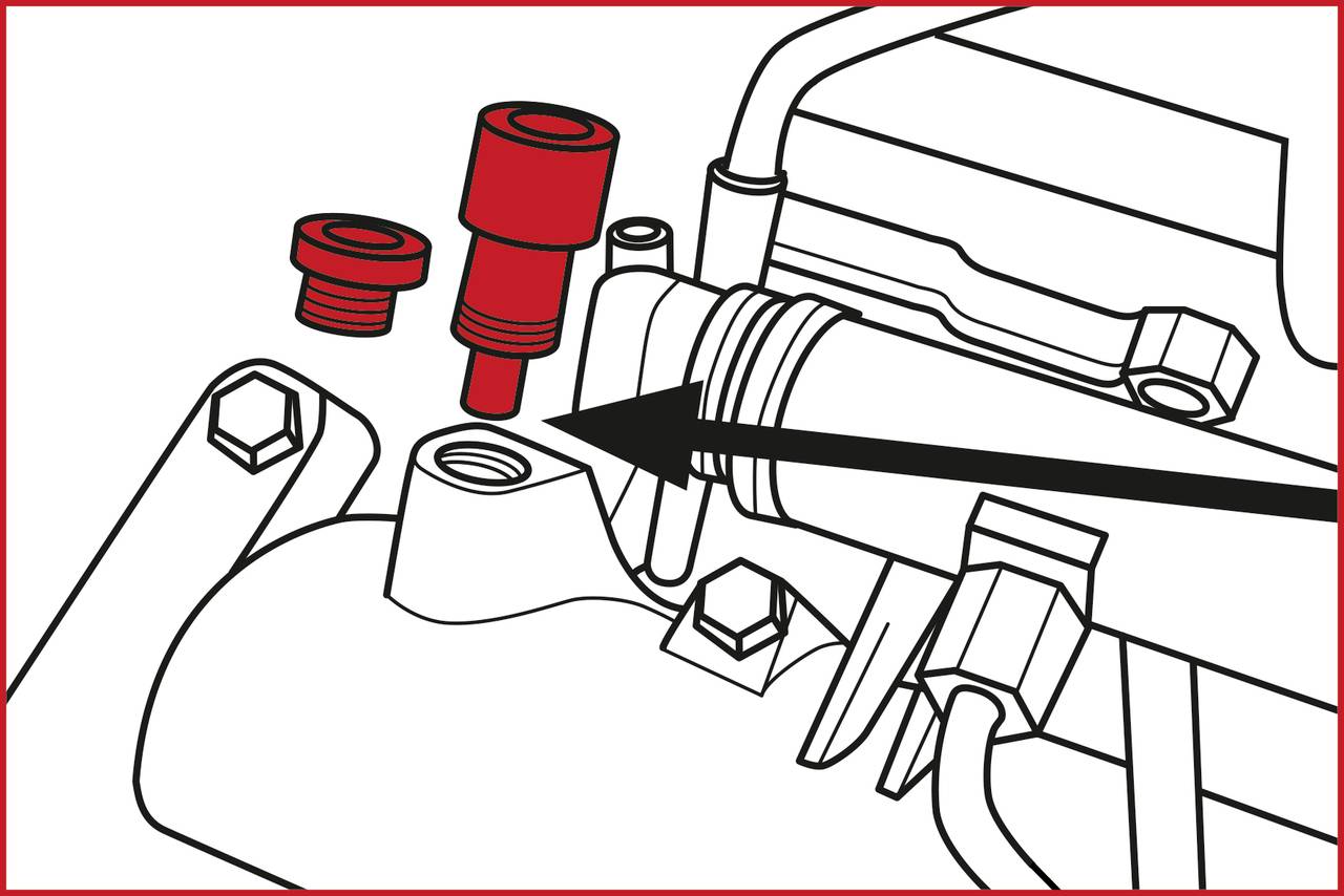 Step-by-step guide for installing a red valve adapter on an engine block. Arrow indicates the correct installation direction.