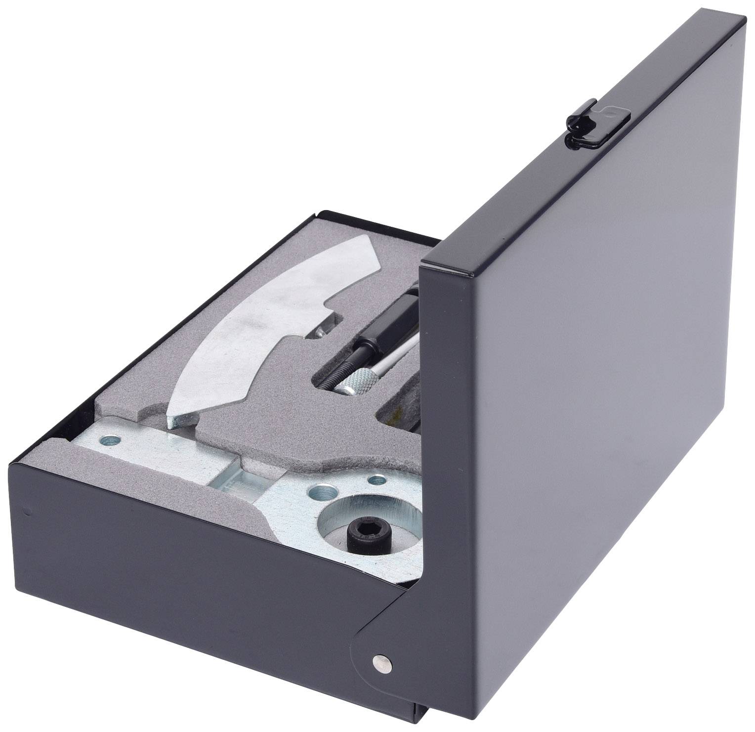 Black metal box with open lid, contains precisely shaped metal tools in foam inserts for secure storage.