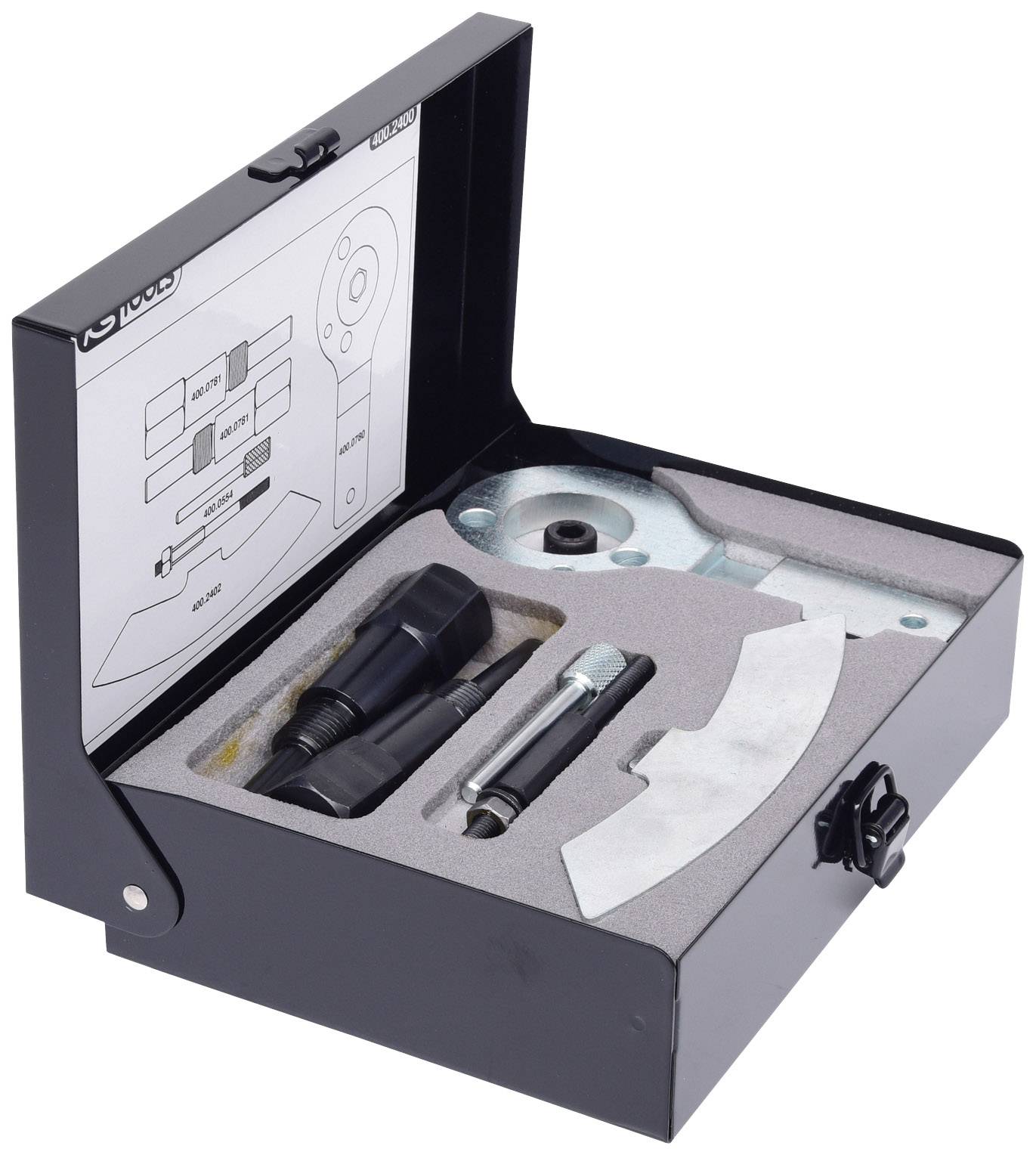 Open black toolbox with various metal tools and an instruction manual in the lid.