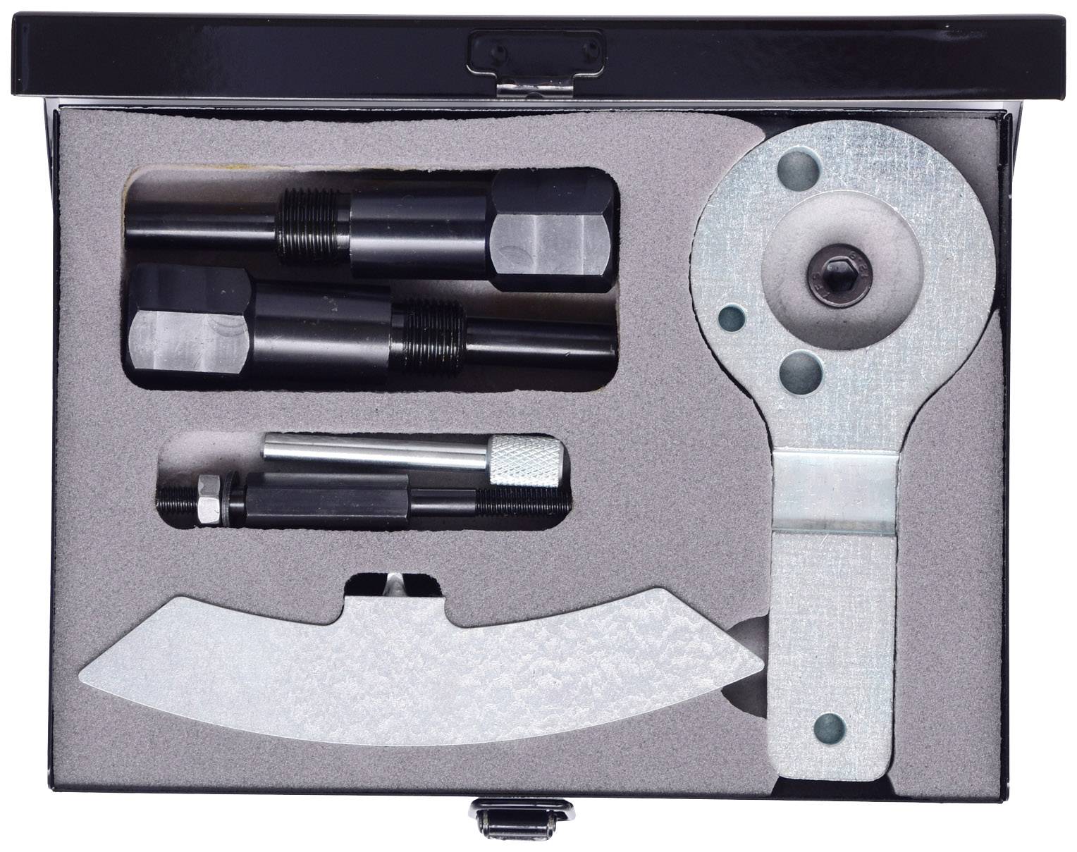 Toolbox with various metal tools and attachments in a foam insert for secure storage.