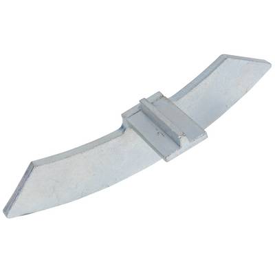 A silver, metallic weight with a rectangular central section and bevelled ends, used in vehicle wheel rims.